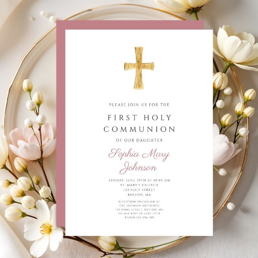 Invitation Croix rose moderne Fille Sainte Communion