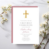 Invitation Croix rose moderne Fille Sainte Communion
