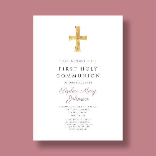 Invitation Croix rose moderne Fille Sainte Communion