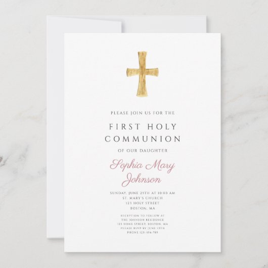 Invitation Croix rose moderne Fille Sainte Communion (Devant)