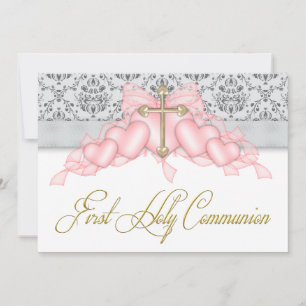 Invitation Croix Rose Or Fille Rose Première Communion