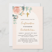Invitation Croix rose or rose fleurie verte Confirmation (Devant)