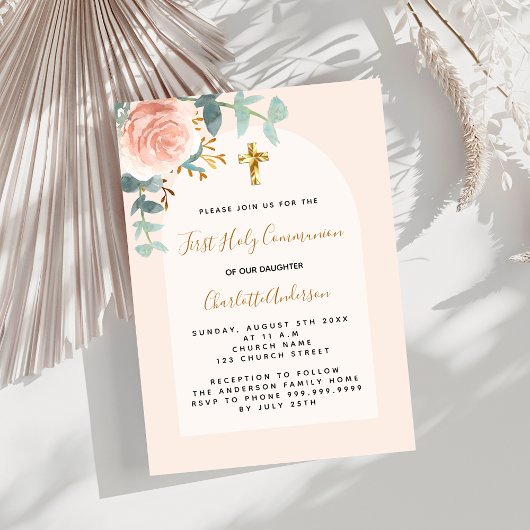 Invitation Croix rose or rose rose floral luxe Première commu