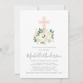 Invitation Croix rose pâle avec fleurs de crème, Baptême de f (Devant)