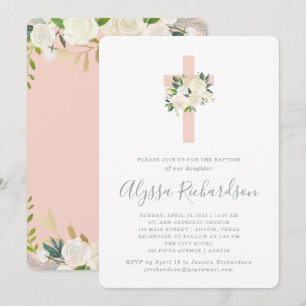 Invitation Croix rose pâle et fleurs blanches Baptême de fi