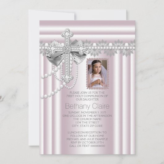 Invitation Croix rose - Première communion (Devant)
