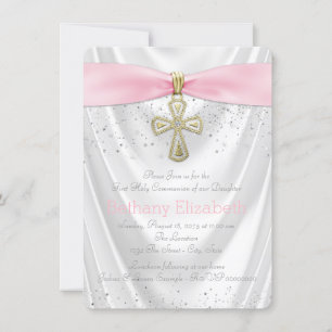 Invitation Croix rose Première communion Satin blanc Paillett
