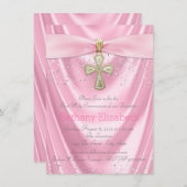 Invitation Croix rose Première communion Satin rose (Devant / Derrière)