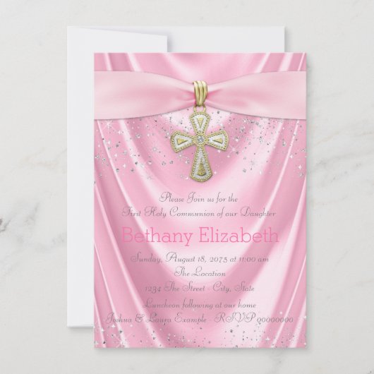 Invitation Croix rose Première communion Satin rose (Devant)