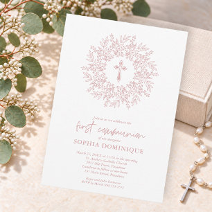 Invitation Croix Rose Religieuse Moderne Première Communion
