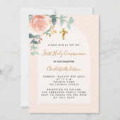 Invitation Croix rose rose or rose floral première communion (Devant)