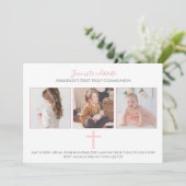 Invitation Croix rose Tri photo Première communion sainte (Debout devant)