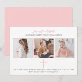 Invitation Croix rose Tri photo Première communion sainte (Devant / Derrière)