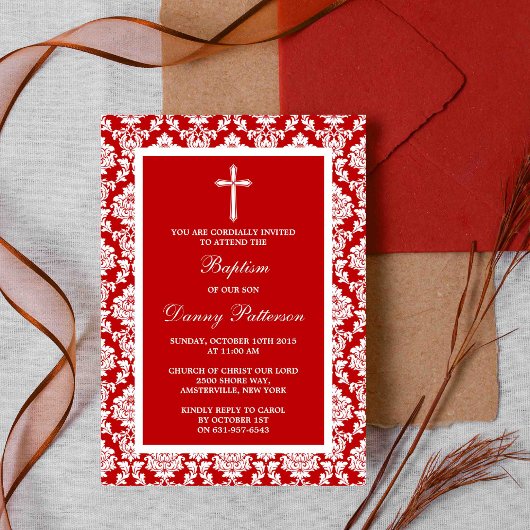 Invitation Croix Rouge Damas Baptême Ou Baptême