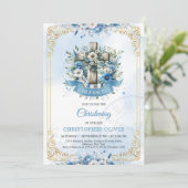 Invitation Croix rustique bleu fleurs cadre or (Debout devant)