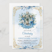 Invitation Croix rustique bleu fleurs cadre or (Devant / Derrière)