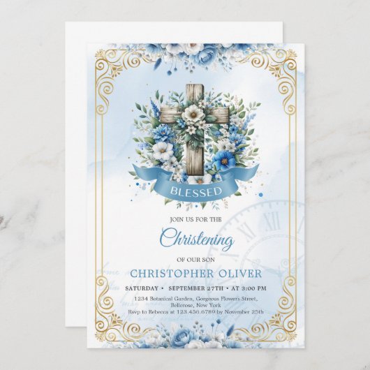 Invitation Croix rustique bleu fleurs cadre or (Devant / Derrière)