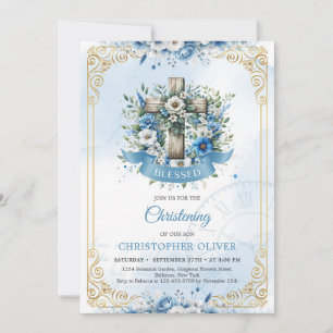 Invitation Croix rustique bleu fleurs cadre or