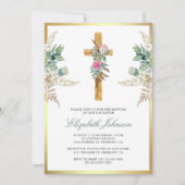 Invitation Croix Rustique Boho Pampas Eucalyptus Baptême (Devant)