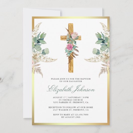 Invitation Croix Rustique Boho Pampas Eucalyptus Baptême (Devant)