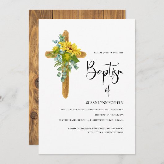 Invitation Croix Rustique En Bois Avec Fleurs De Soleil Baptê (Devant / Derrière)