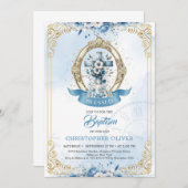 Invitation Croix rustique en bois bleu et or garçon Baptême (Devant / Derrière)
