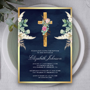 Invitation Croix Rustique Pampas Eucalyptus Baptême de la mar