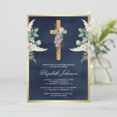 Invitation Croix Rustique Pampas Eucalyptus Baptême de la mar (Debout devant)