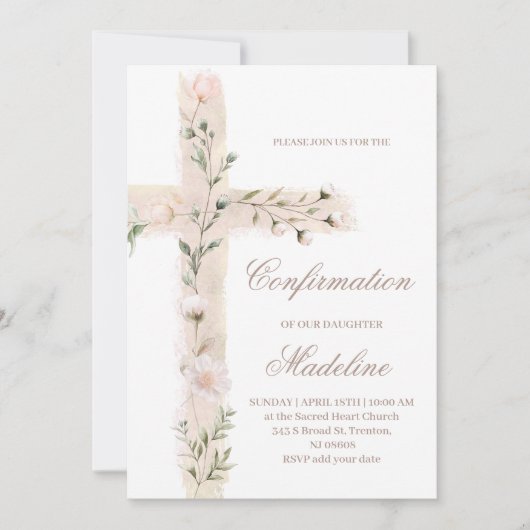 Invitation Croix sainte florale Confirmation (Devant)