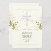 Invitation Croix Sainte Première Communion Rose (Devant / Derrière)