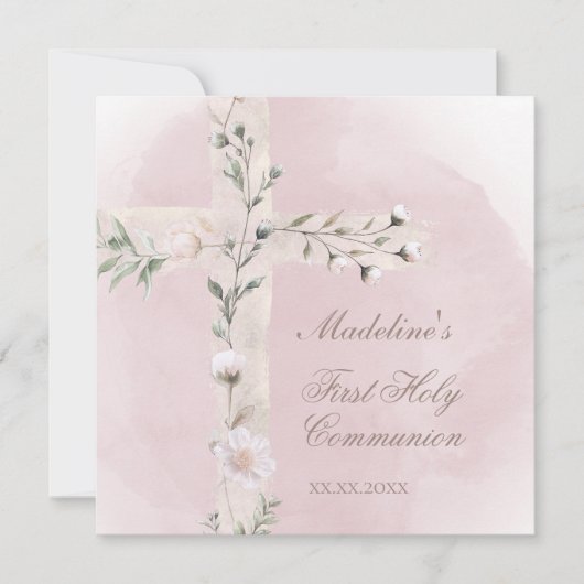 Invitation Croix sainte sur la première communion sainte rose (Devant)