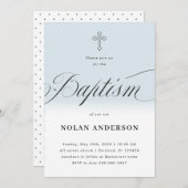 Invitation Croix subtile bleue en lettres Calligraphie Baptêm (Devant / Derrière)