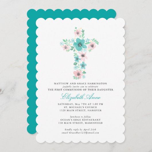 Invitation Croix turquoise de l'aquarelle Fleur première comm (Devant / Derrière)