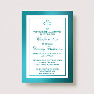 Invitation Croix Turquoise Métallique Communion Ou Confirmati
