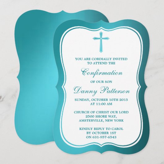 Invitation Croix Turquoise Métallique Communion Ou Confirmati (Devant / Derrière)