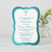 Invitation Croix Turquoise Métallique Communion Ou Confirmati (Debout devant)