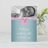 Invitation Croix Turquoise rose Bébé Fille Photo Christening (Debout devant)