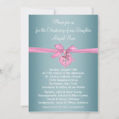 Invitation Croix Turquoise rose Bébé Fille Photo Christening (Dos)