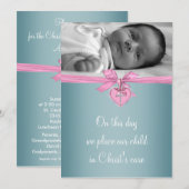 Invitation Croix Turquoise rose Bébé Fille Photo Christening (Devant / Derrière)