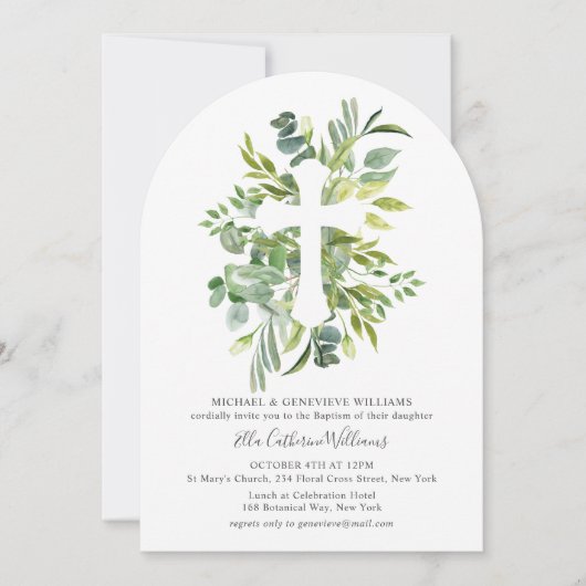 Invitation Croix végétale florale Baptême (Devant)