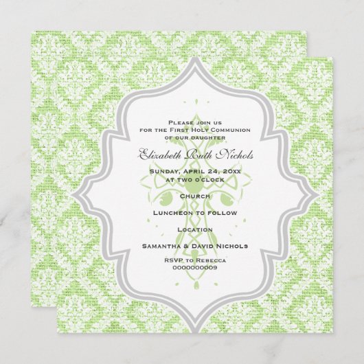 Invitation Croix verte blanc damassé burlap Première communio (Devant / Derrière)
