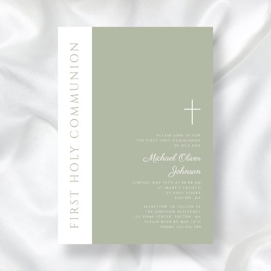 Invitation Croix verte de Sage moderne Première communion sai