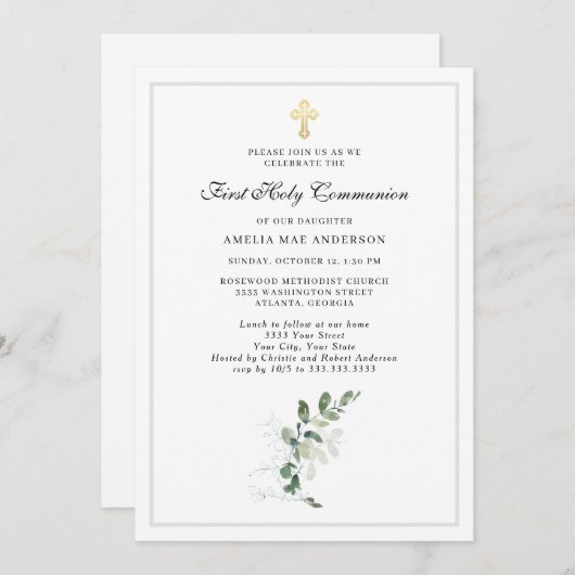 Invitation Croix verte Eucalyptus Première communion sainte (Devant / Derrière)