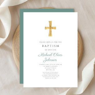 Invitation Croix Verte Moderne Baptême Religieux Garçon