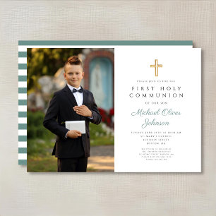 Invitation Croix verte moderne Photo Boy First Communion