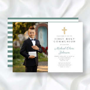Invitation Croix verte moderne Photo Boy First Communion