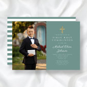 Invitation Croix verte moderne Photo Boy First Communion
