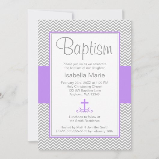 Invitation Croix violette de Grey Chevron Baptême de fille (Devant)