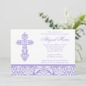 Invitation Croix violette ornée Première communion de la fill (Debout devant)