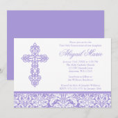 Invitation Croix violette ornée Première communion de la fill (Devant / Derrière)
